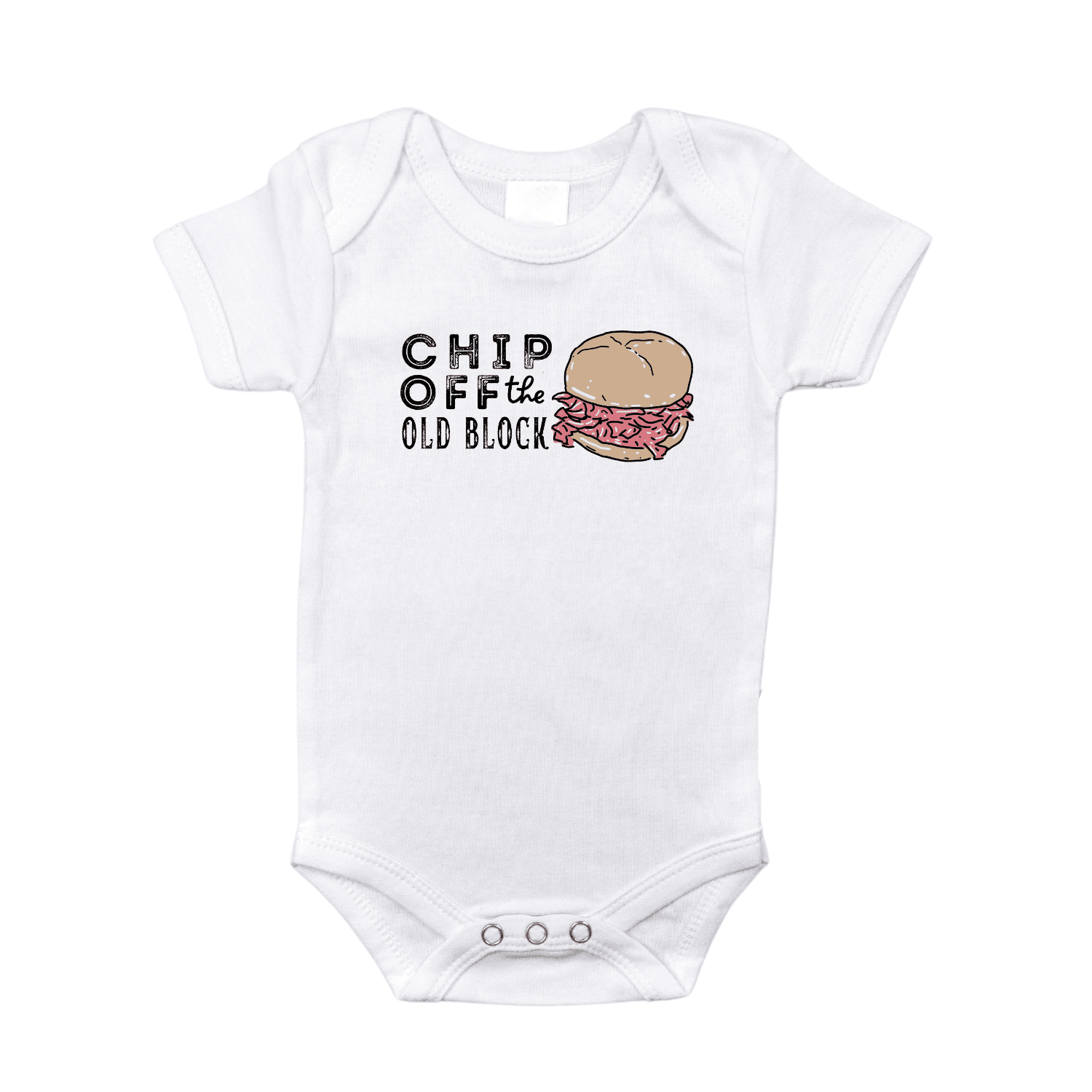 White baby onesie with "Chipped Ham" in bold black letters, featuring a Pittsburgh skyline graphic.