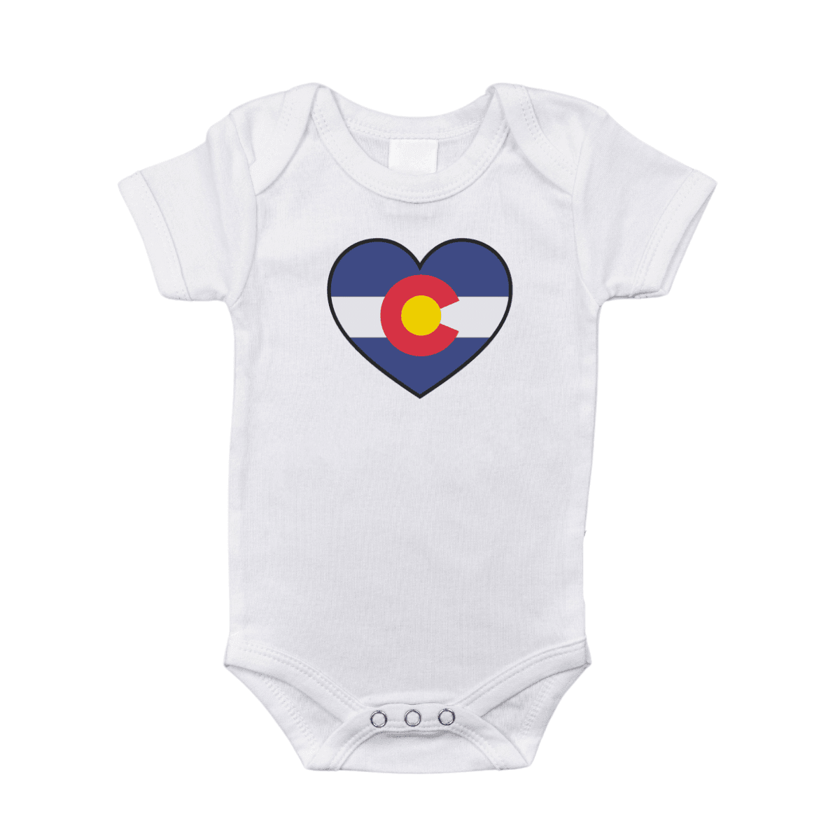 White baby onesie with "Colorado" and a mountain graphic in blue, featuring "Little Hometown" text below.