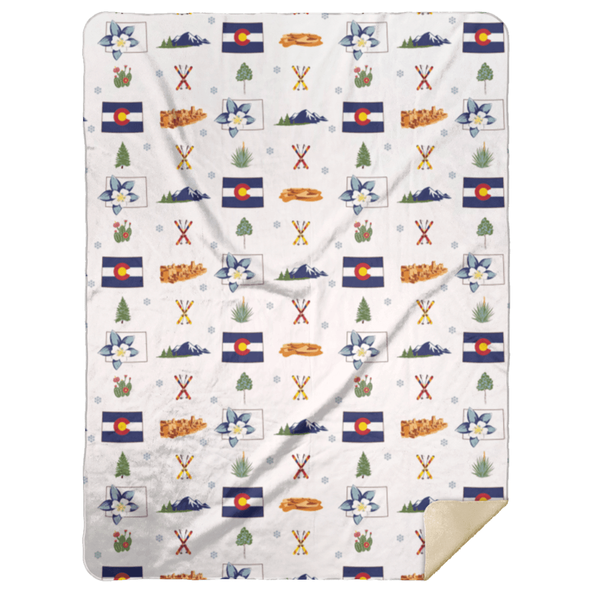 Colorado-themed plush throw blanket with a mountain landscape, pine trees, and "Colorado" text in bold white letters.