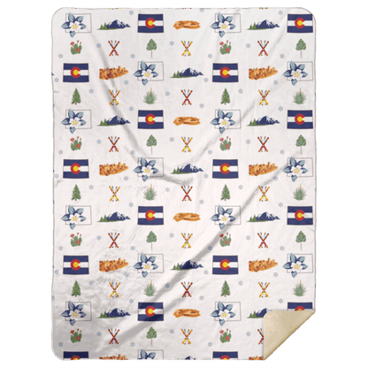 Colorado-themed plush throw blanket with a mountain landscape, pine trees, and "Colorado" text in bold white letters.