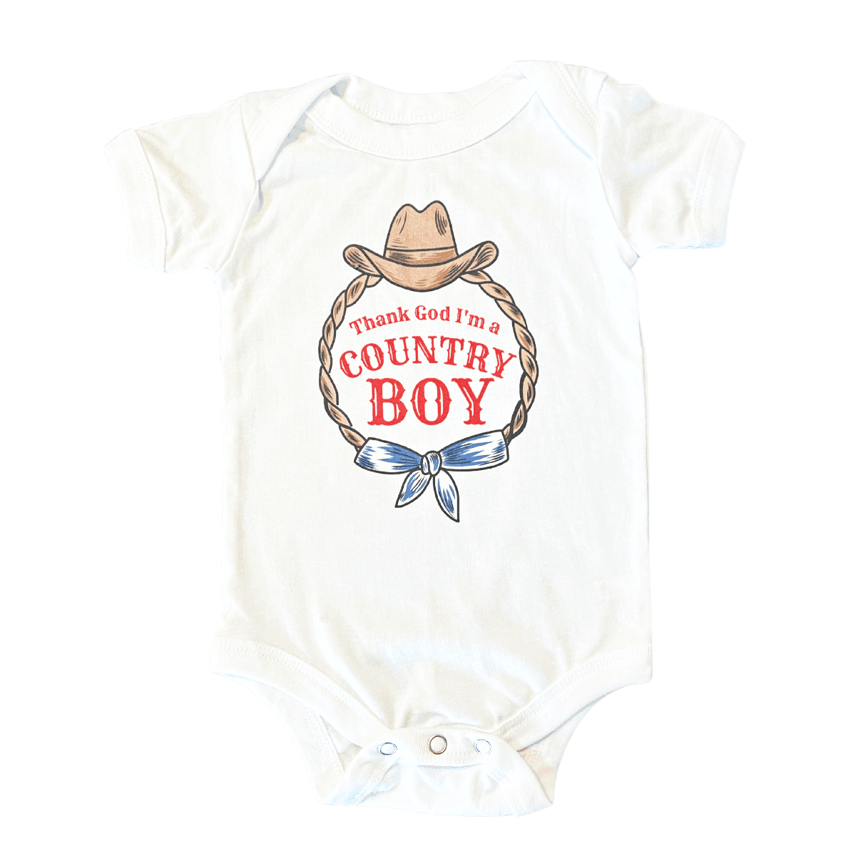 White onesie with "Country Boy" in blue text, featuring a cowboy hat and boots graphic, on a plain background.