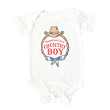 Load image into Gallery viewer, White onesie with &quot;Country Boy&quot; in blue text, featuring a cowboy hat and boots graphic, on a plain background.
