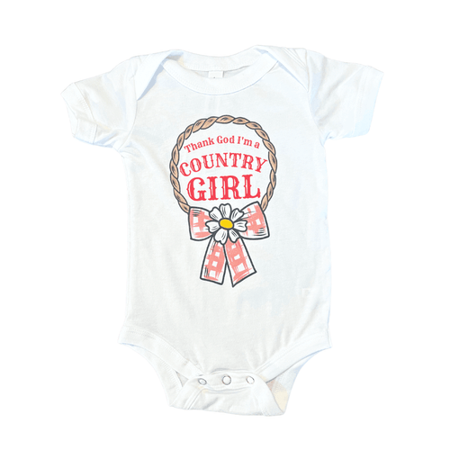 Country Girl onesie in soft pink with white text and floral accents, perfect for a charming baby outfit.