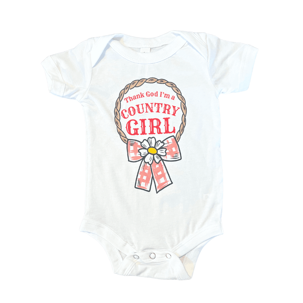Country Girl onesie in soft pink with white text and floral accents, perfect for a charming baby outfit.