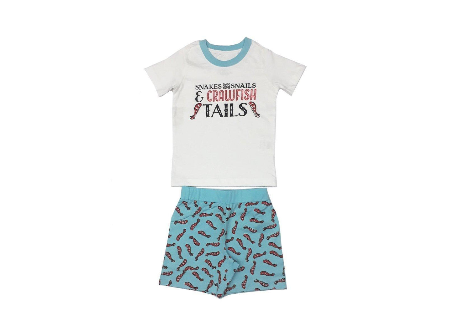 Boys' pajamas with playful crawfish tail pattern in red and blue, set against a white background.