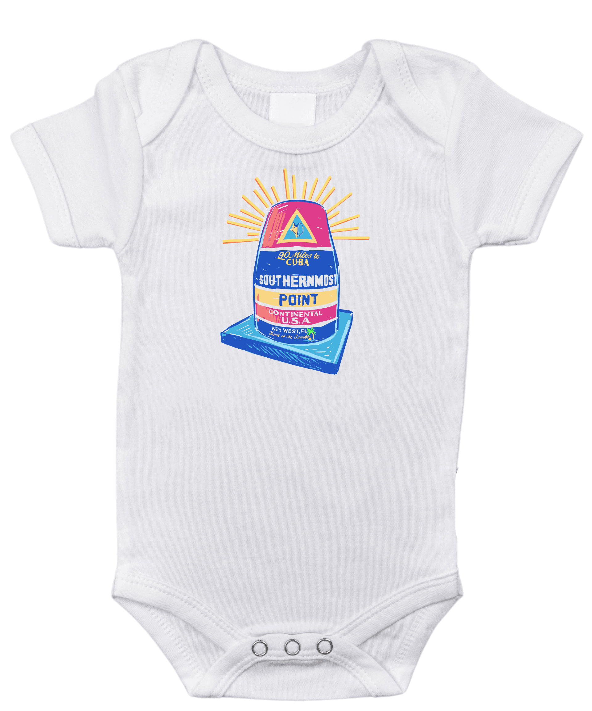 White baby onesie with "Key West, Florida" and a colorful sunset graphic, featuring palm trees and ocean waves.