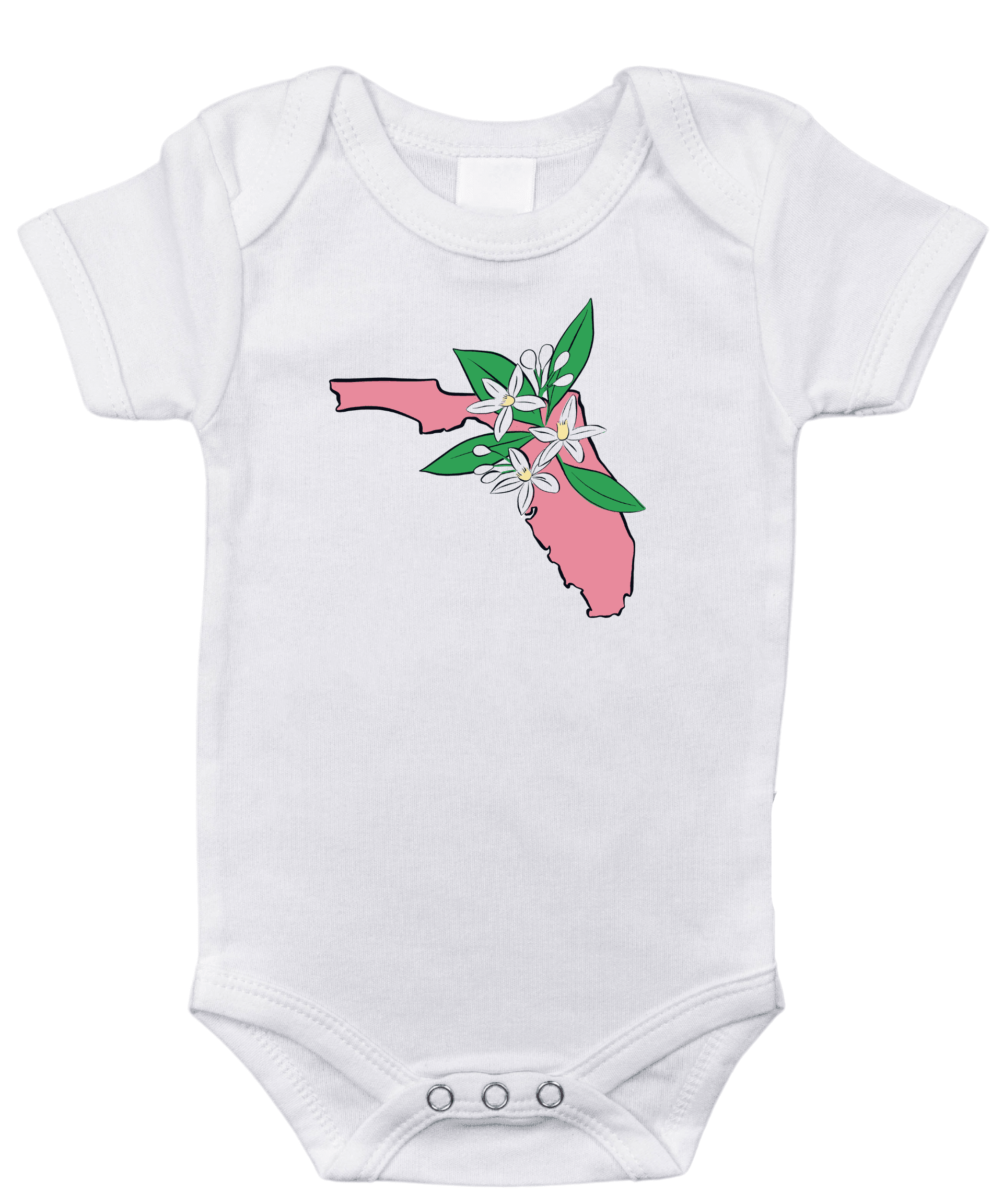 White baby onesie with "Florida Orange Blossom" text and orange blossom graphic, on a plain background.