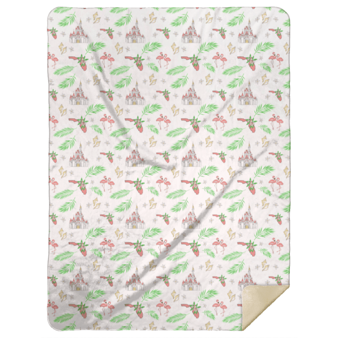 Soft pink plush throw blanket with Florida state map, featuring palm trees, flamingos, the Castle, and oranges.