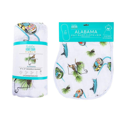 The Alabama swaddle and burp cloth and bib combo photographed as one complete bamboo cotton set.