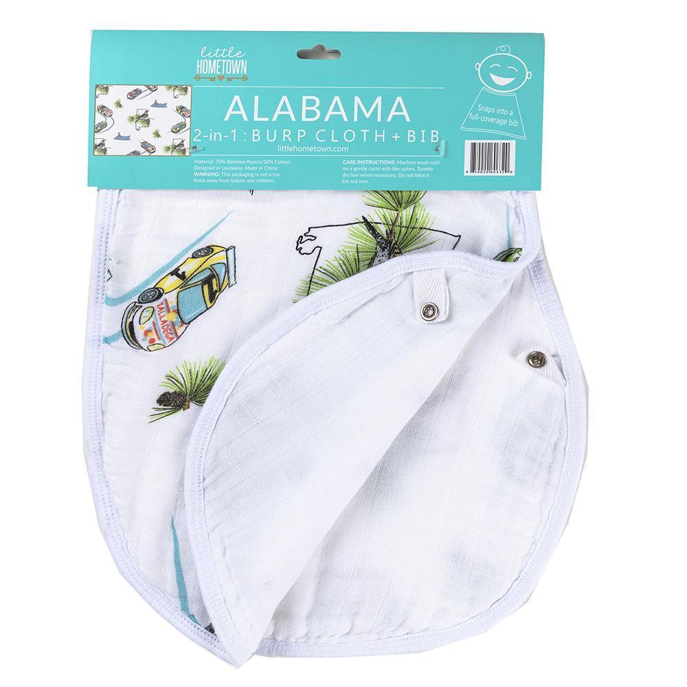 Alabama-themed baby gift set with muslin swaddle blanket and burp cloth/bib combo, featuring state icons.