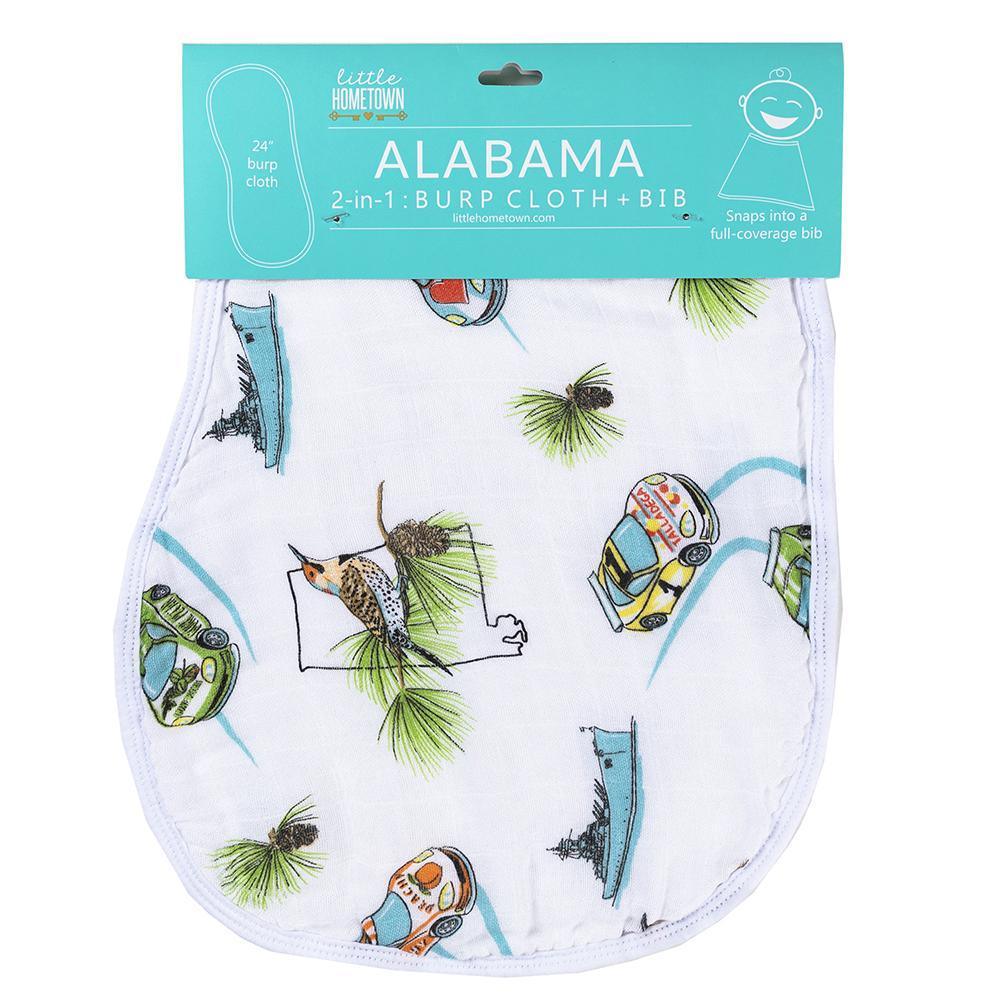 Alabama-themed baby gift set with muslin swaddle blanket, burp cloth, and bib featuring state icons and landmarks.