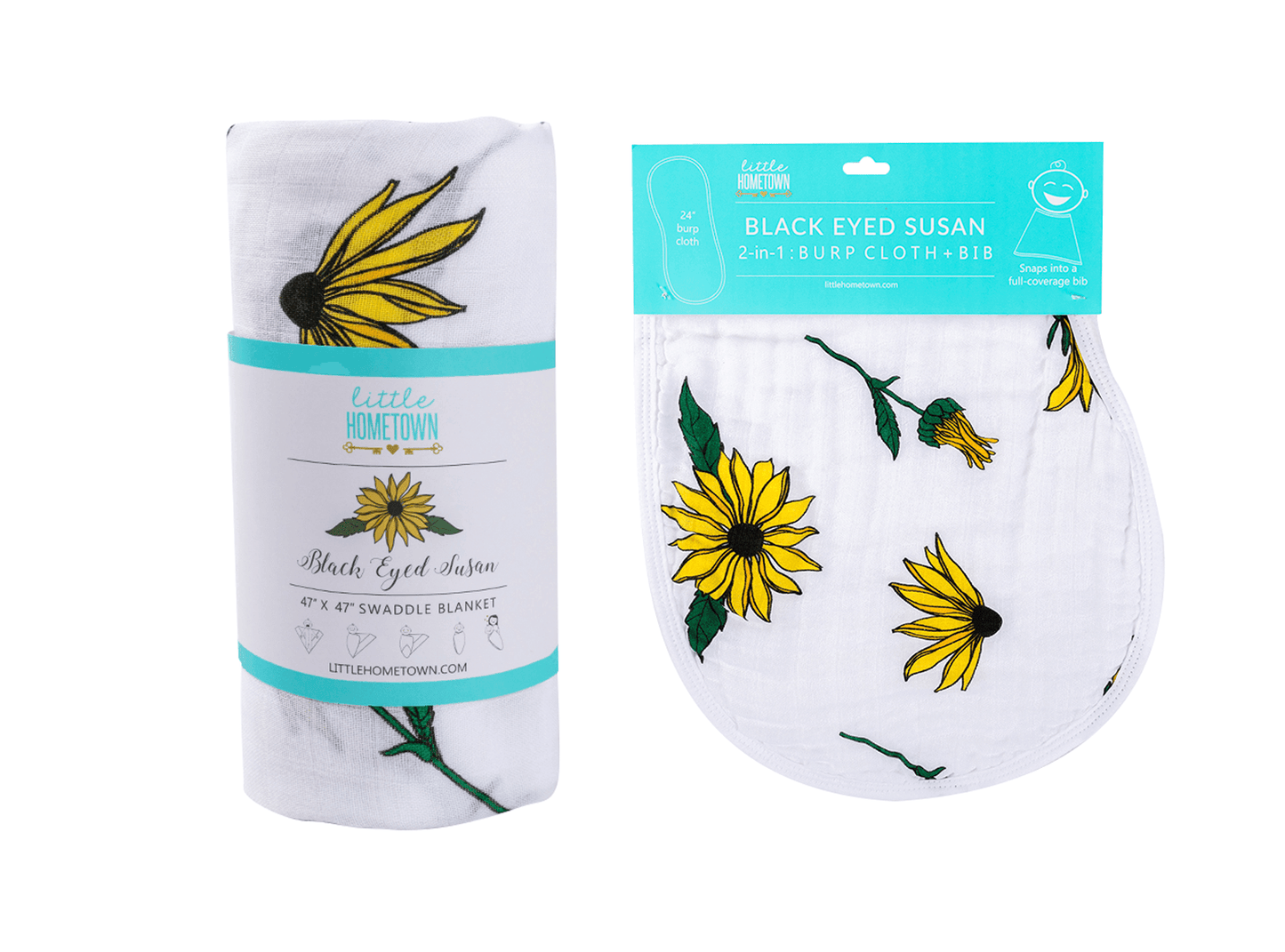 Black-eyed Susan muslin swaddle and burp cloth set, featuring vibrant yellow flowers on a white background.