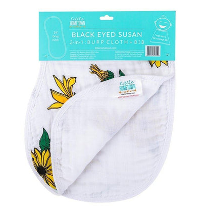 Black-eyed Susan muslin swaddle and burp cloth set with vibrant yellow flowers on a white background.