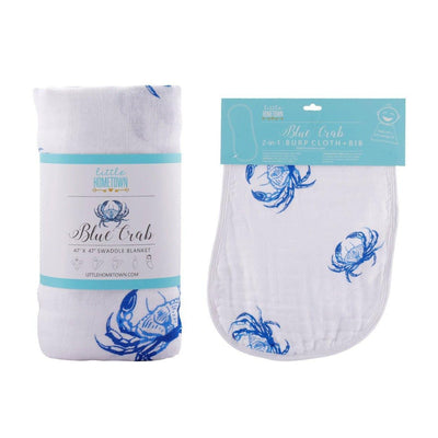 Blue crab-themed baby muslin swaddle blanket and burp cloth set, featuring playful crab illustrations.