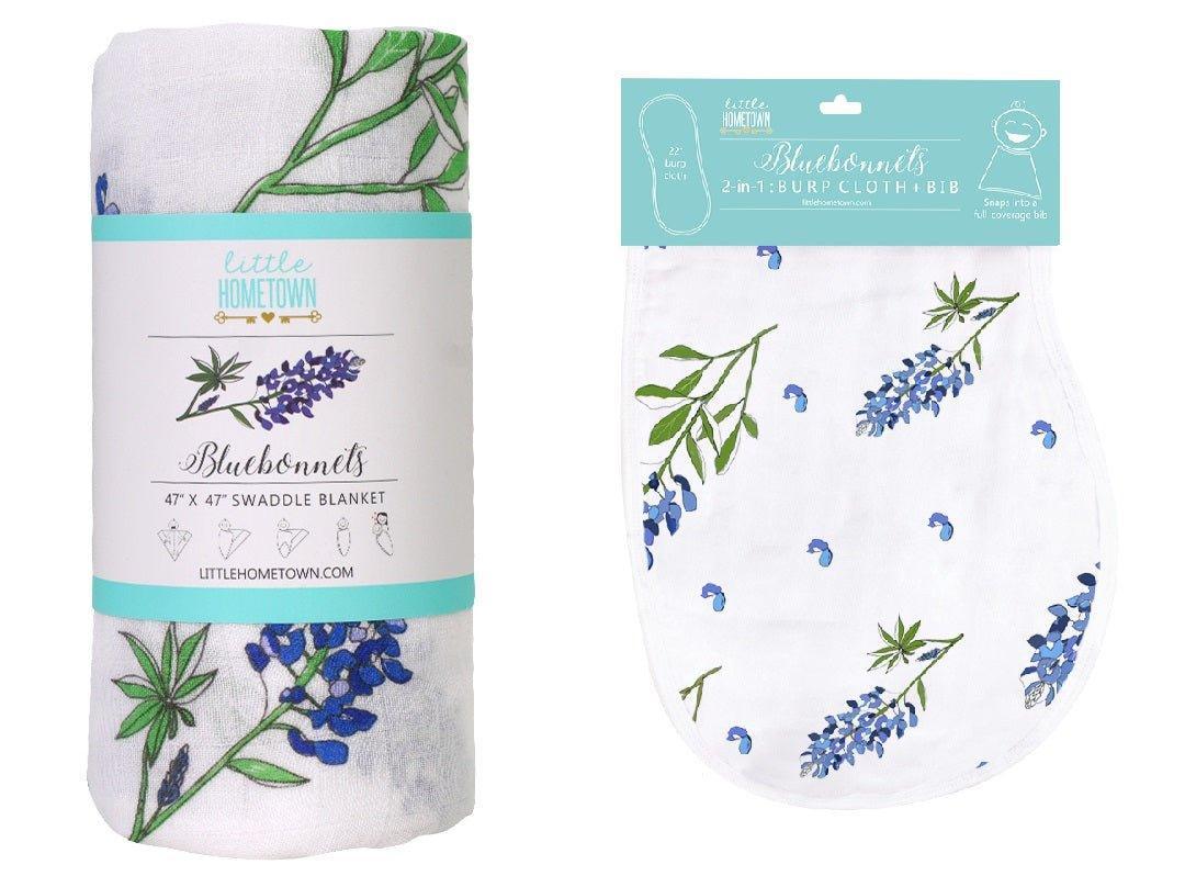 Bluebonnet-themed baby muslin swaddle blanket and burp cloth set, featuring delicate floral patterns.