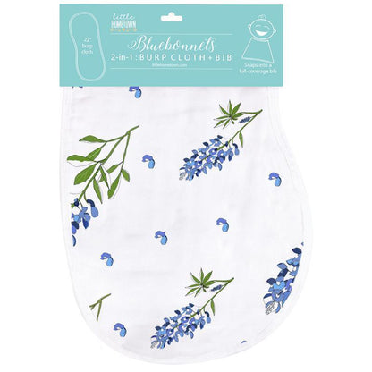 Bluebonnet-themed baby muslin swaddle blanket and burp cloth set, featuring delicate floral patterns in soft hues.