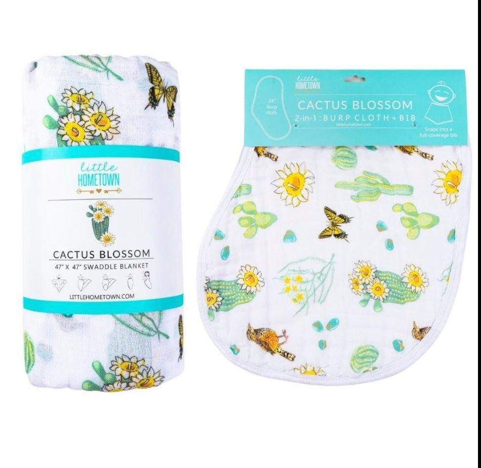Cactus-themed baby muslin swaddle blanket and burp bib set, featuring vibrant green cacti on a white background.