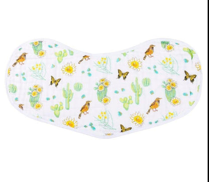 Cactus-themed baby muslin swaddle blanket and burp bib set, featuring vibrant green cacti on a white background.