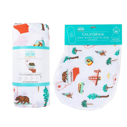 Gift set with a California Baby muslin swaddle blanket and burp cloth/bib combo, featuring a playful design.