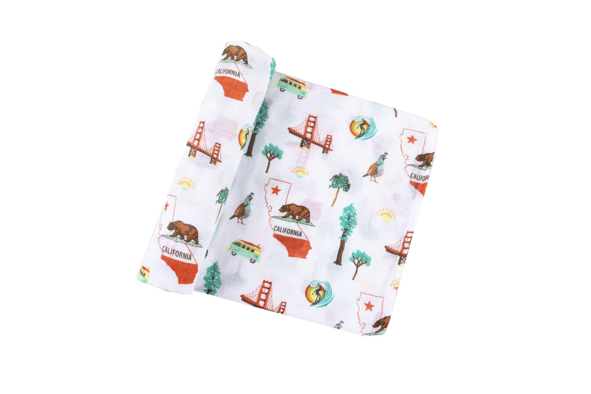 California Baby muslin swaddle blanket and burp cloth/bib combo set with playful bear and tree patterns.