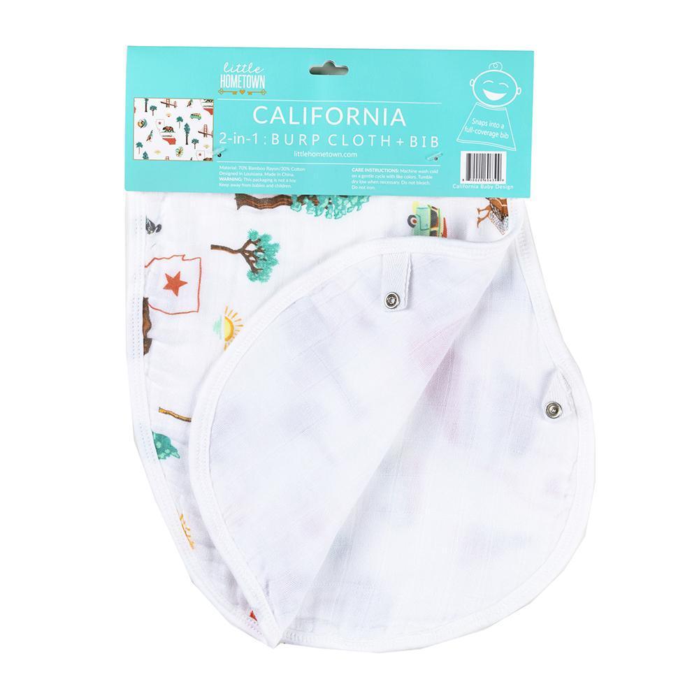 Gift set with a California Baby muslin swaddle blanket and burp cloth/bib combo, featuring a playful design.