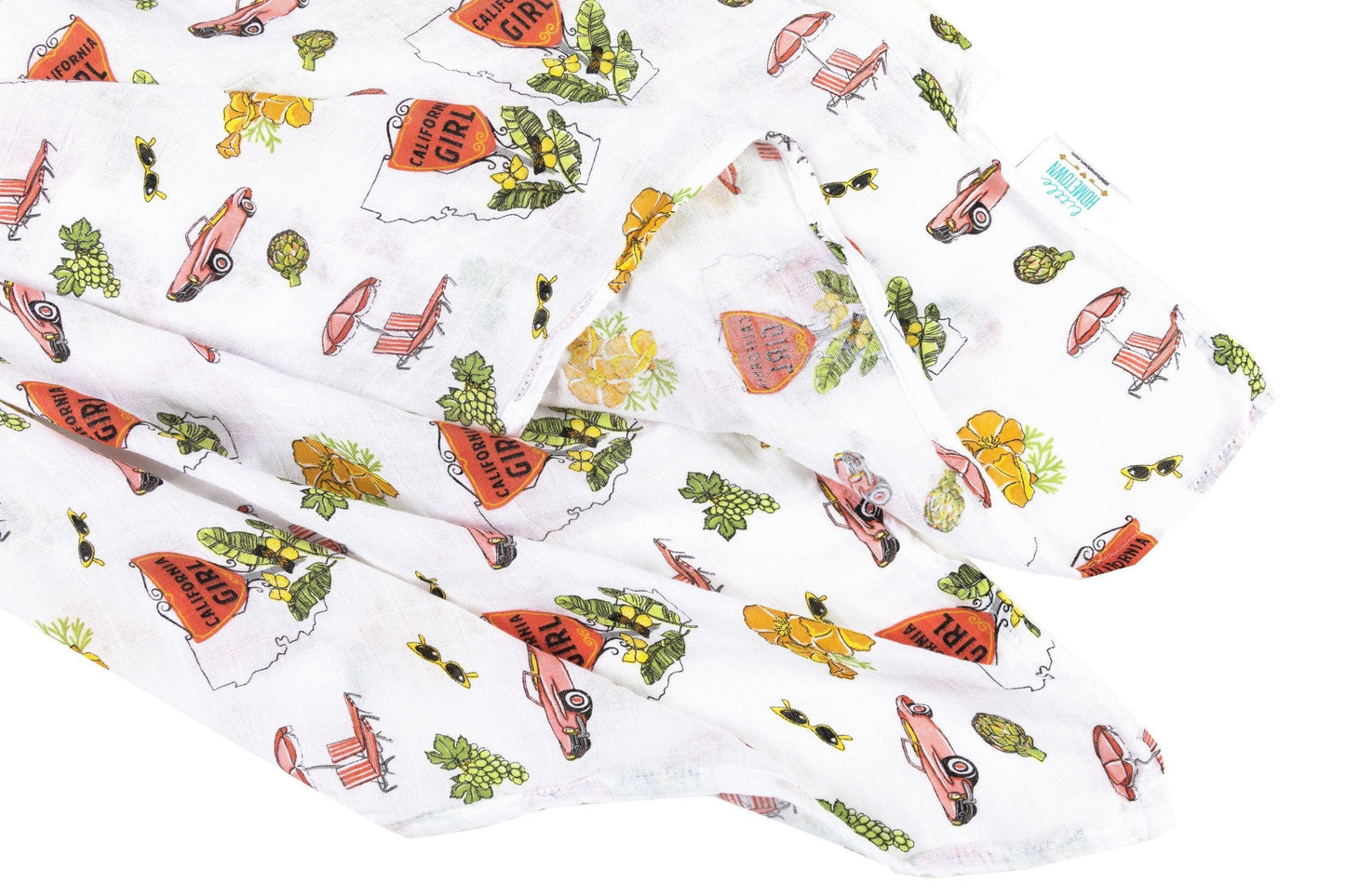 Gift set with a California-themed muslin swaddle blanket and burp cloth/bib combo, featuring vibrant designs.