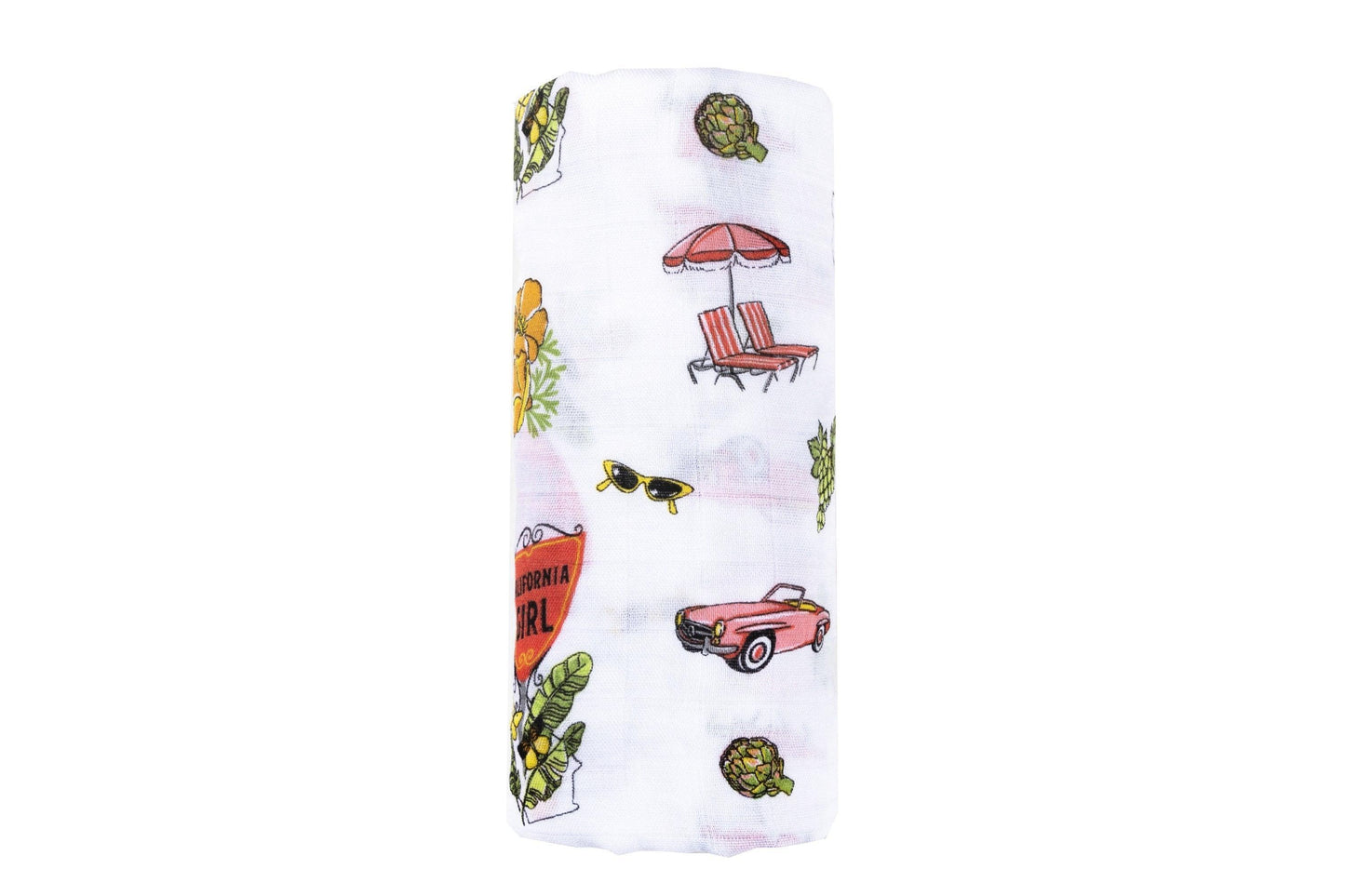 Gift set with a California-themed muslin swaddle blanket and burp cloth/bib combo, featuring vibrant designs.