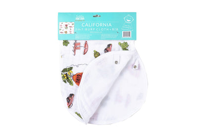 Gift set with a California-themed muslin swaddle blanket and burp cloth/bib combo, featuring vibrant floral designs.