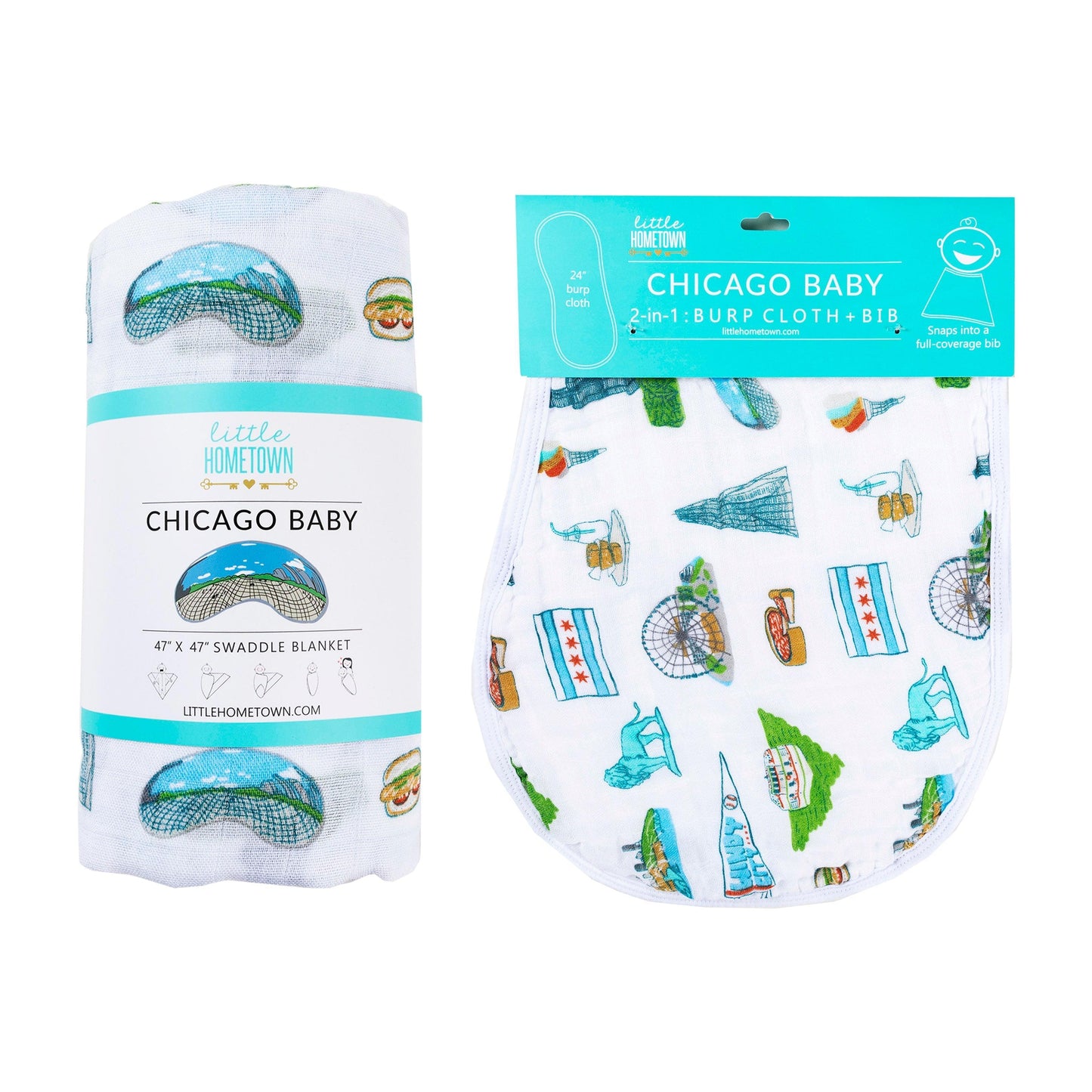 Chicago-themed baby gift set with muslin swaddle blanket and burp cloth/bib combo, featuring city landmarks.