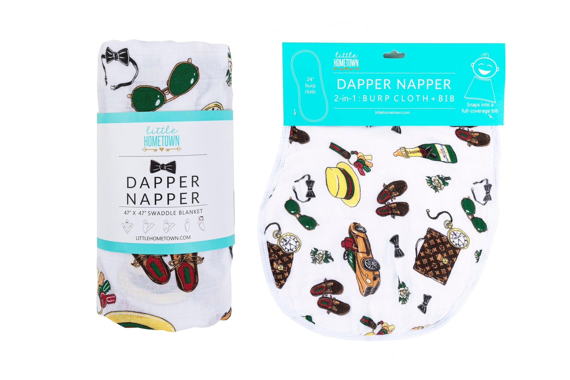 Gift set with a baby muslin swaddle blanket and burp cloth/bib combo in a charming dapper napper design.
