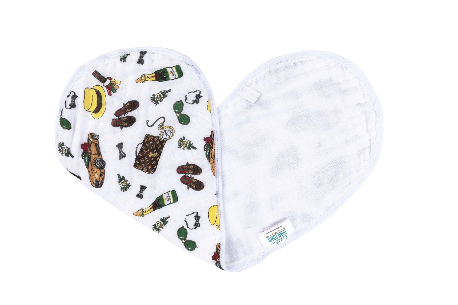 Baby muslin swaddle blanket and burp cloth set with "Dapper Napper" text, featuring a bow tie and mustache design.