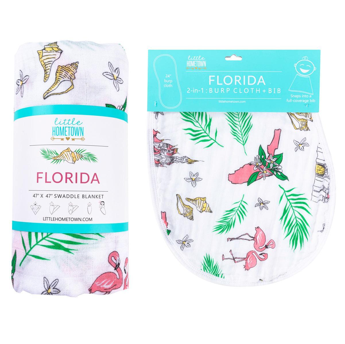 Florida-themed baby gift set with floral muslin swaddle blanket and matching burp cloth/bib combo on white background.
