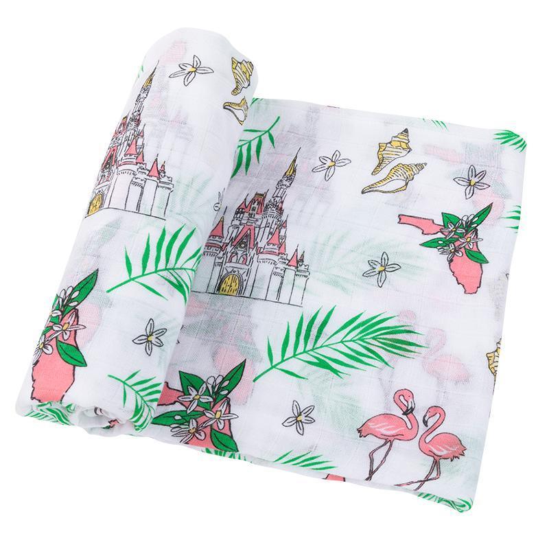 Floral-themed baby muslin swaddle blanket and burp cloth set with pink, yellow, and green flower patterns.