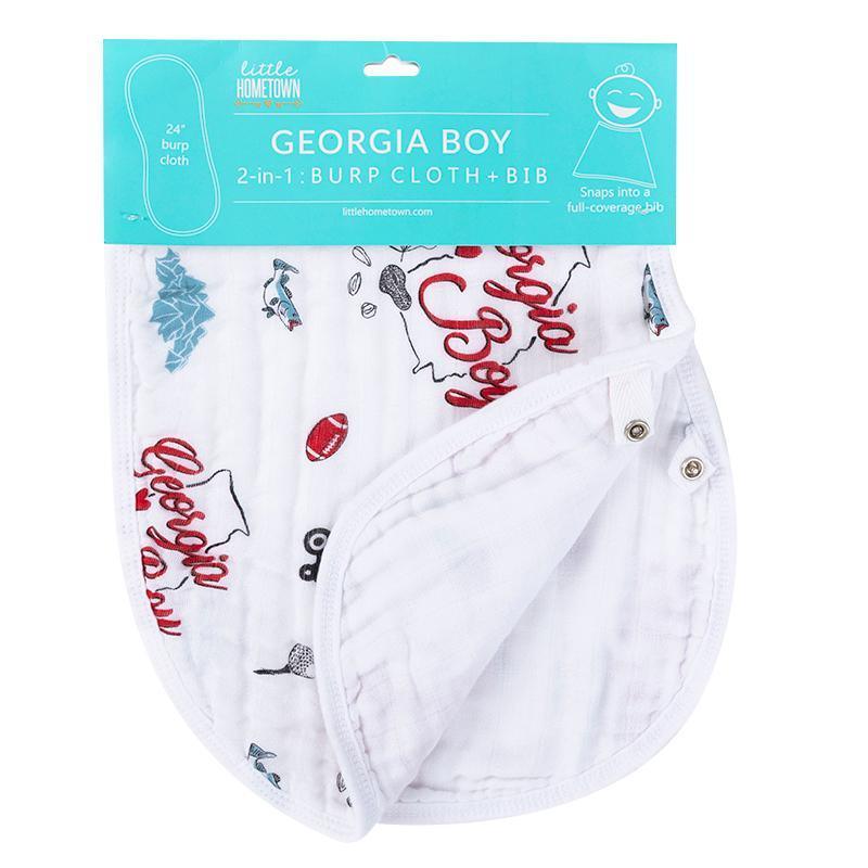 Gift set with Georgia-themed muslin swaddle blanket and burp cloth/bib combo, featuring state icons and landmarks.