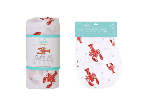 Gift set with crawfish and lobster-themed baby muslin swaddle blanket and burp cloth/bib combo, Little Hometown.