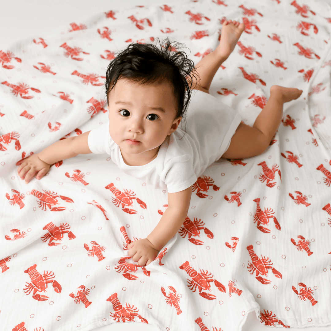 Gift set with crawfish and lobster-themed baby muslin swaddle blanket and burp cloth/bib combo, Little Hometown.