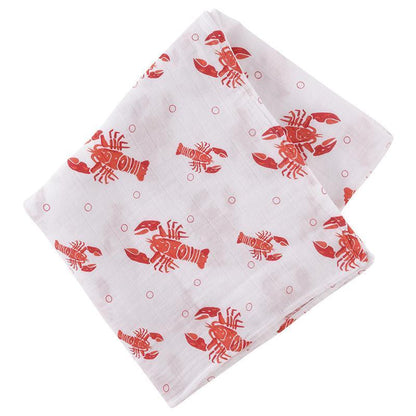 Baby gift set with crawfish and lobster-themed muslin swaddle blanket and burp cloth/bib combo.
