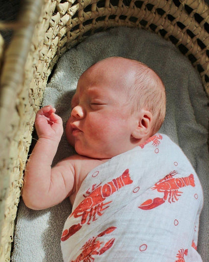 Gift set with crawfish and lobster-themed baby muslin swaddle blanket and burp cloth/bib combo.