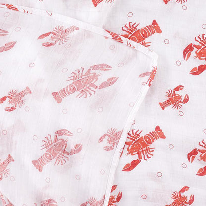 Baby gift set with crawfish and lobster-themed muslin swaddle blanket and burp cloth/bib combo, Little Hometown.