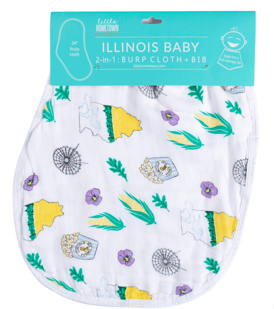 Illinois-themed baby gift set with muslin swaddle blanket and burp cloth, featuring state icons and landmarks.