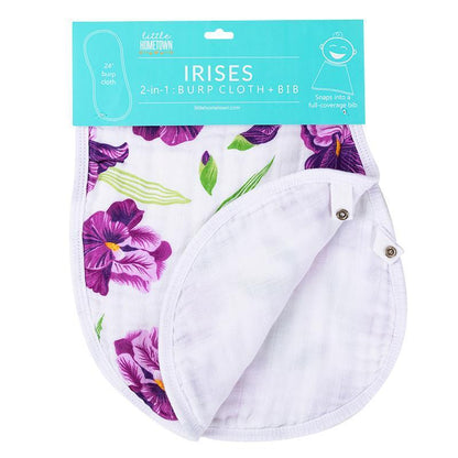 Gift set with a baby muslin swaddle blanket and burp cloth, featuring a delicate irises floral pattern.