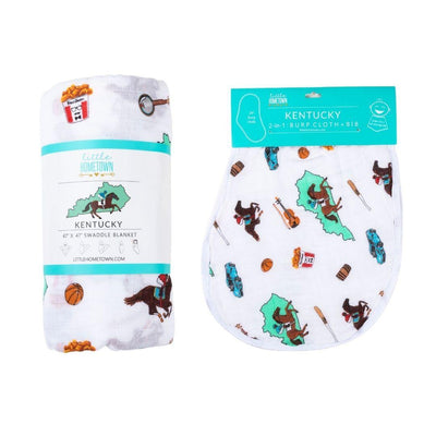Kentucky-themed baby gift set with muslin swaddle blanket and burp cloth, featuring state icons and landmarks.
