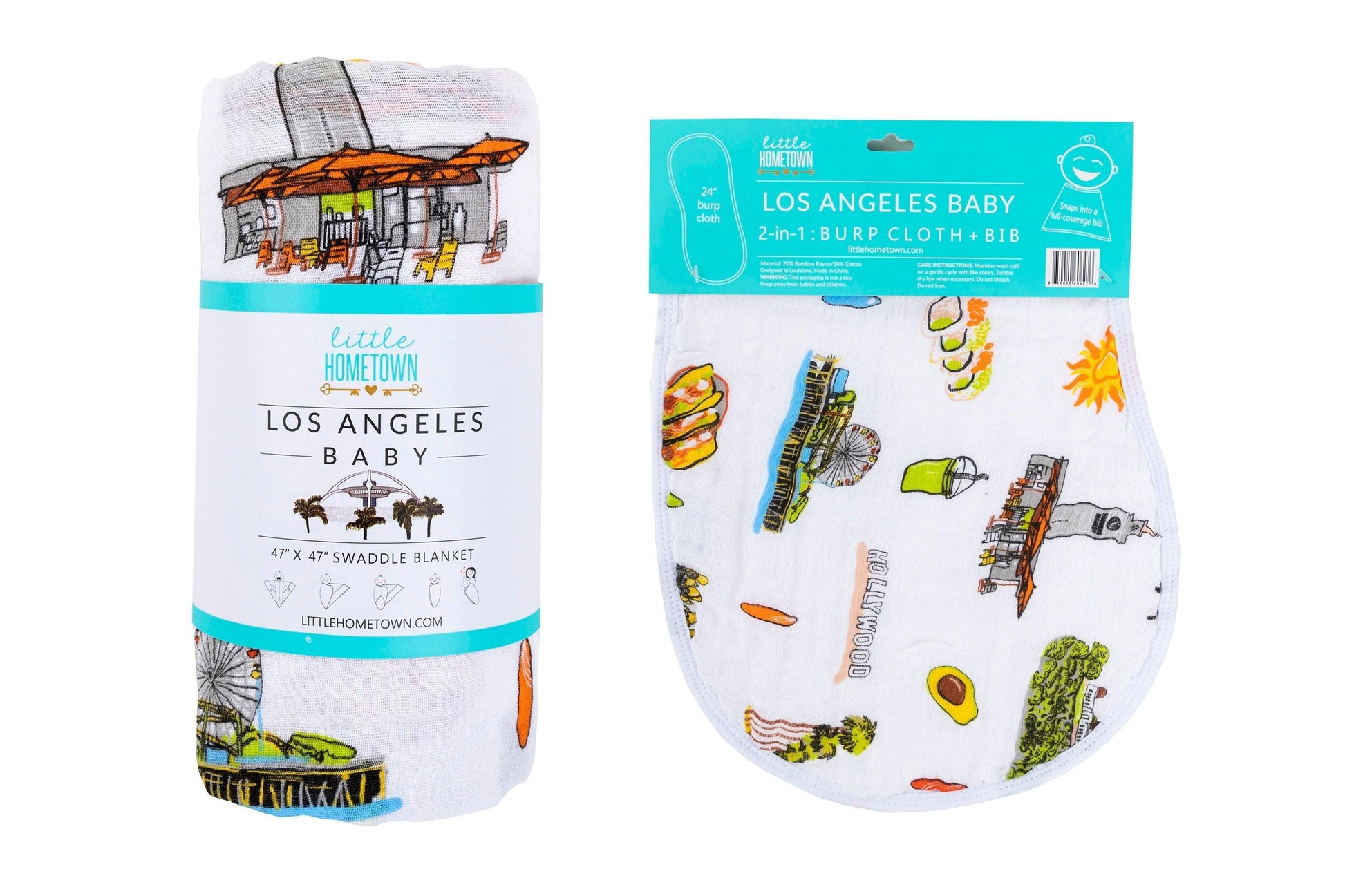 Los Angeles-themed baby gift set with muslin swaddle blanket and burp cloth, featuring iconic city landmarks.