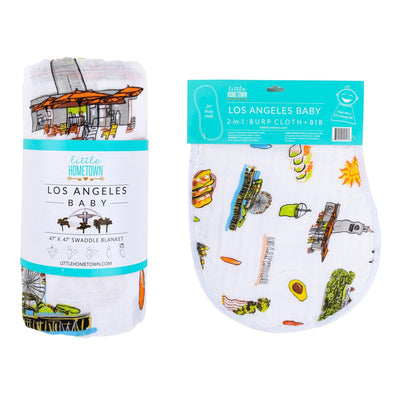 Los Angeles-themed baby gift set with muslin swaddle blanket and burp cloth, featuring iconic city landmarks.