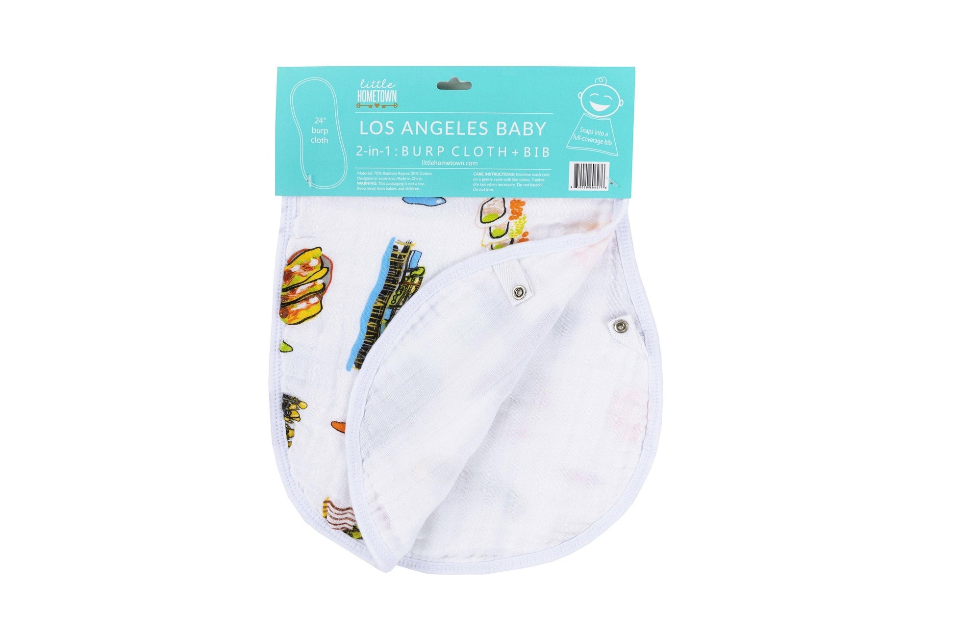 Los Angeles-themed baby gift set with muslin swaddle blanket and burp cloth, featuring iconic city landmarks.