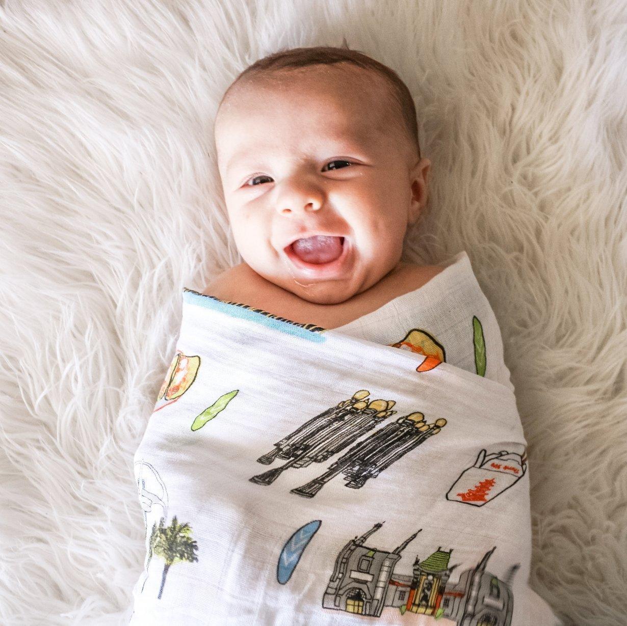 Los Angeles-themed baby gift set with muslin swaddle blanket and burp cloth, featuring iconic city landmarks.