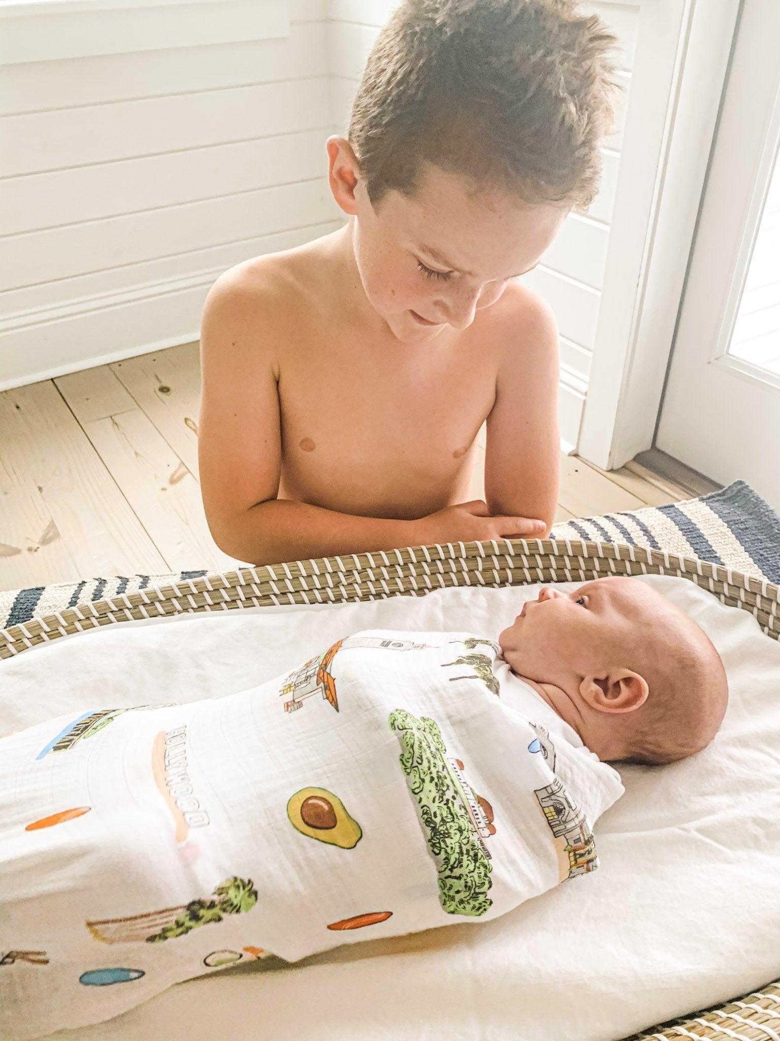 Los Angeles-themed baby gift set with muslin swaddle blanket and burp cloth, featuring iconic city landmarks.