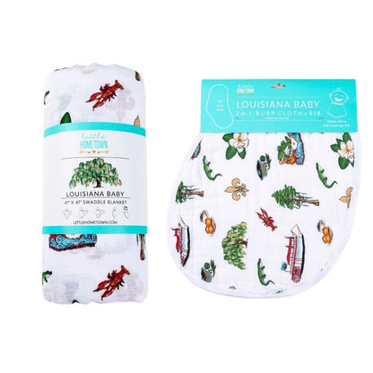 Louisiana-themed baby gift set with muslin swaddle blanket and burp cloth, featuring state icons and pastel colors.
