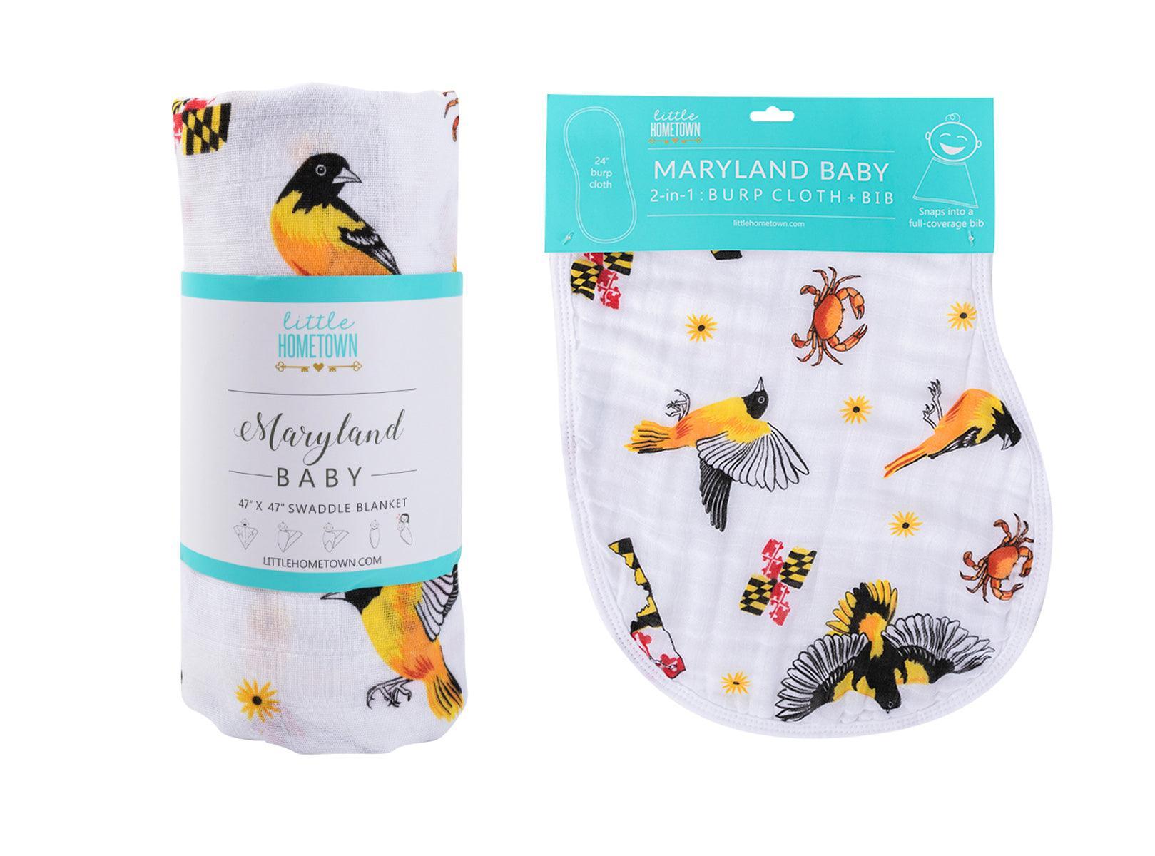 Maryland-themed baby gift set with muslin swaddle blanket and burp cloth/bib combo, featuring state icons.