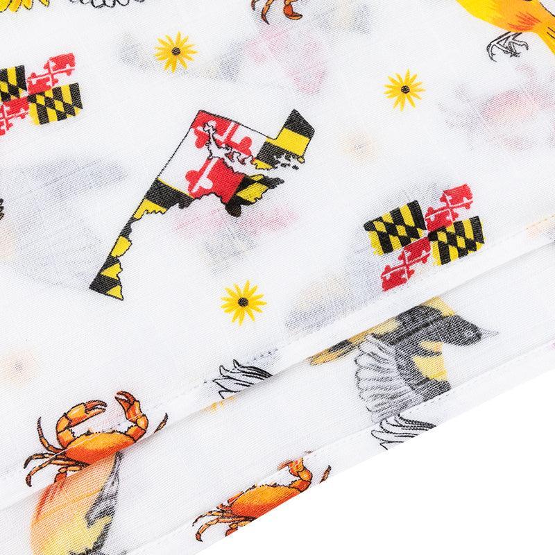 Maryland-themed baby gift set with muslin swaddle blanket and burp cloth/bib combo, featuring state icons.